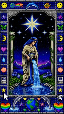 a robed figure pouring water beneath a large eight-pointed star in a night sky, symmetrical composition with an ornate decorative border, no text