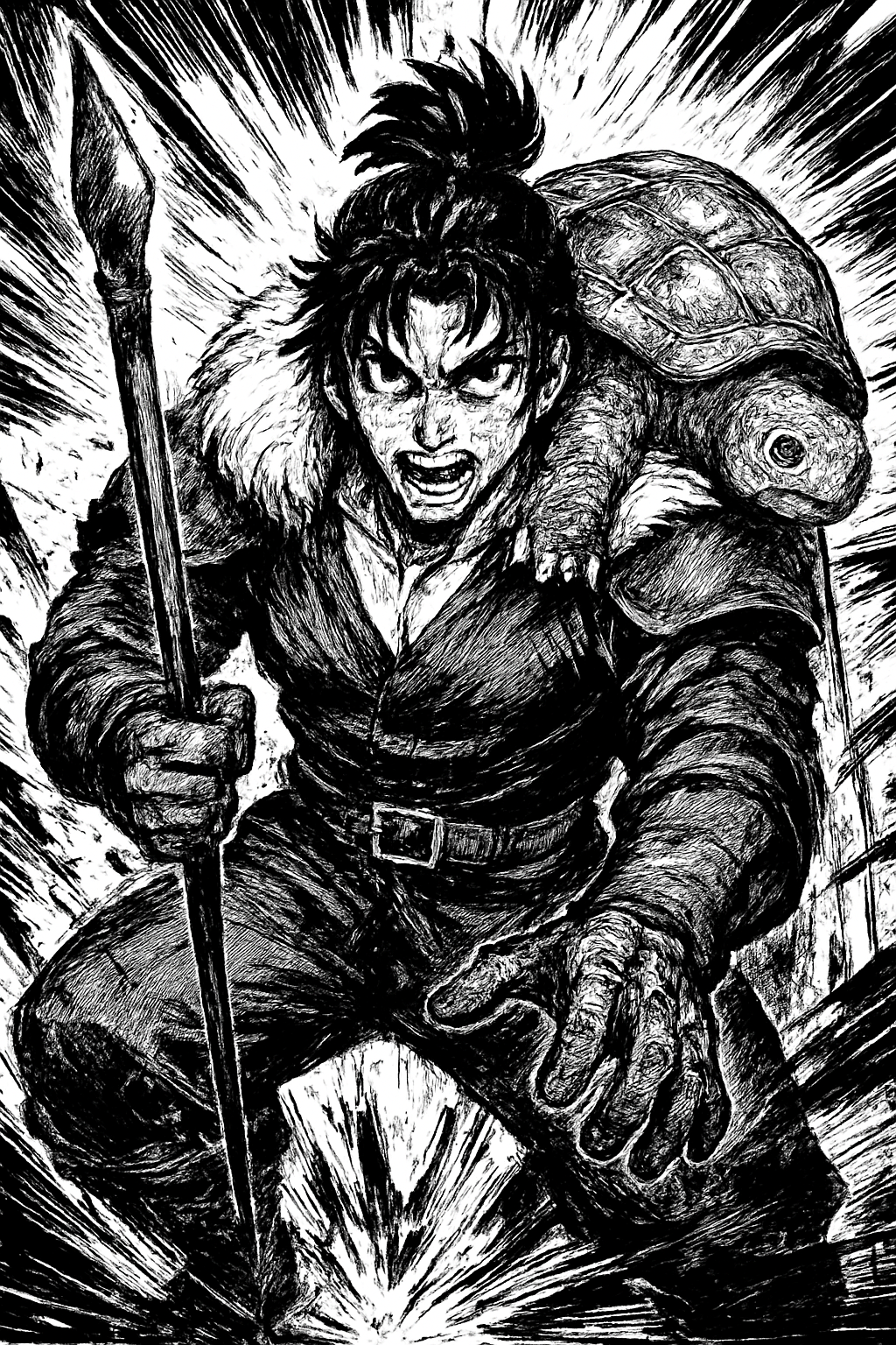 a black and white drawing of a man with a sword