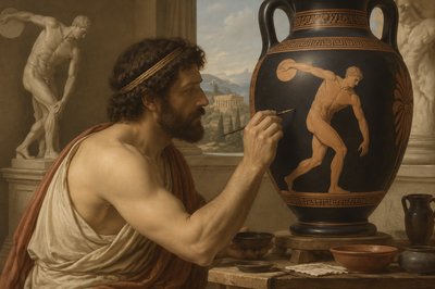 An ancient Greek vase painter with an ignudi athlete throwing a discus in the air