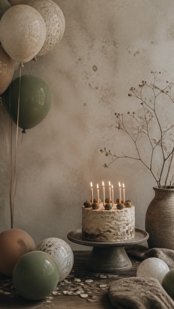 a birthday cake with lit candles surrounded by balloons and confetti, festive vertical composition, no text
