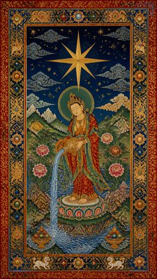 a robed figure pouring water beneath a large eight-pointed star in a night sky, symmetrical composition with an ornate decorative border, no text
