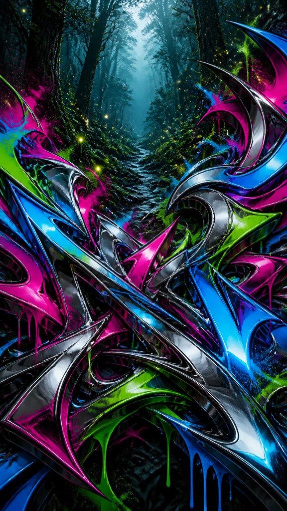 a mysterious forest path with fireflies and drifting mist, atmospheric vertical composition with open space at the top, no text