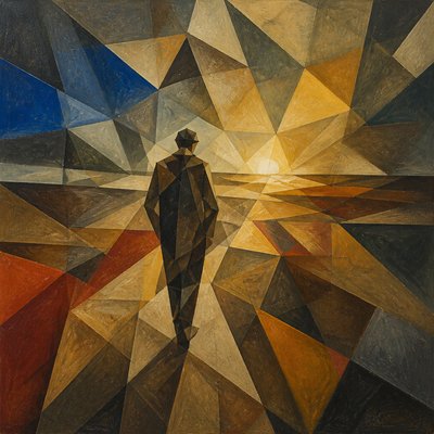 a solitary figure walking toward a glowing horizon across an empty plain, moody atmosphere, no text or lettering