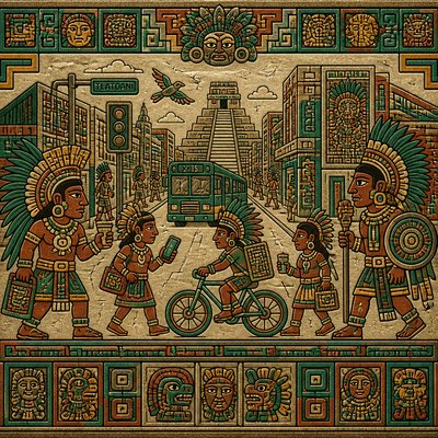 urban street with city activity — Pre-Columbian Art Style