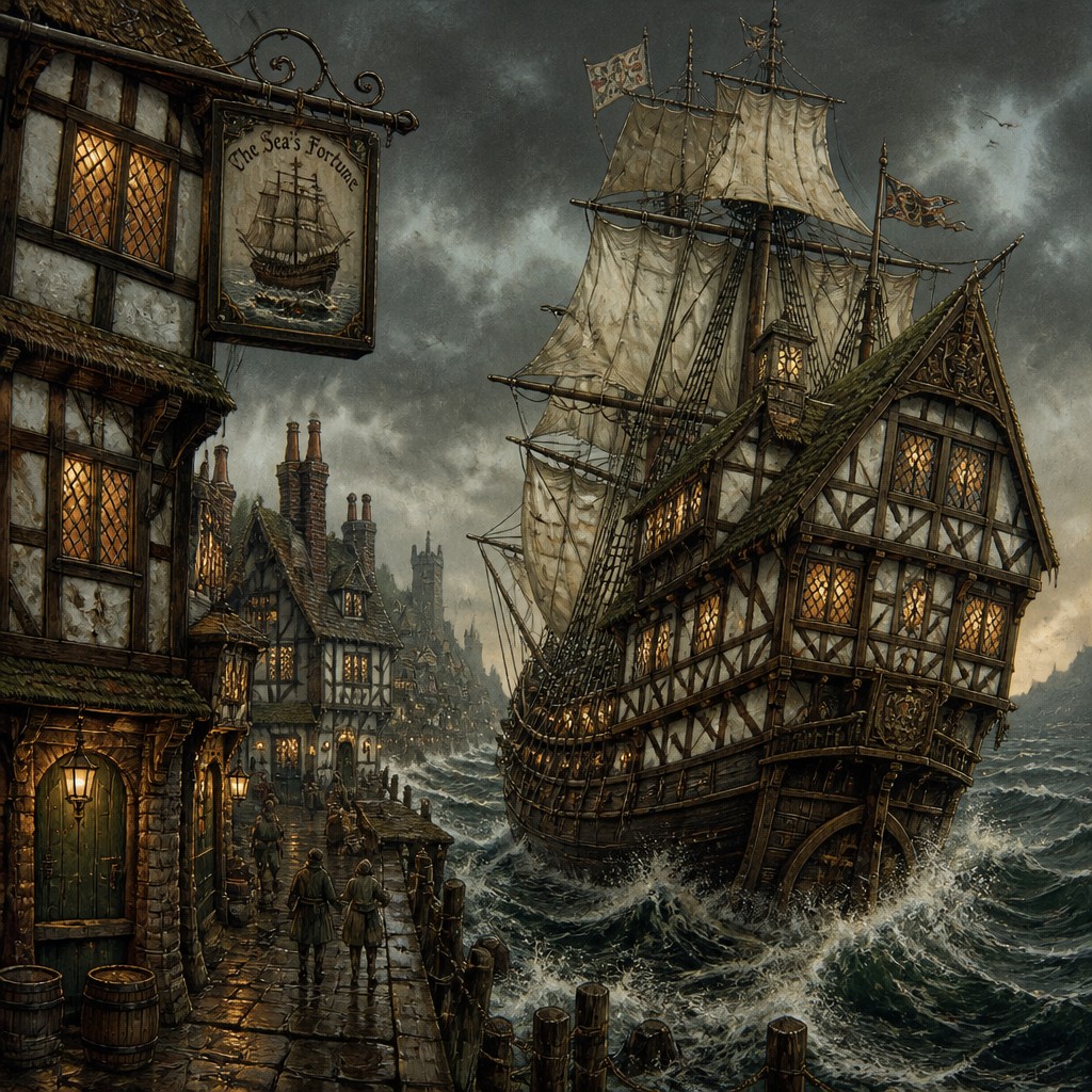 sailing ship on a stormy sea — Tudor Architecture Style