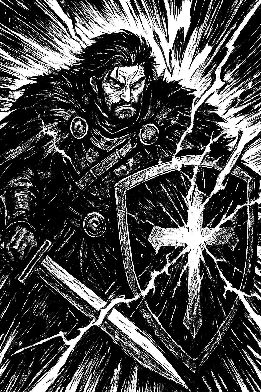 a black and white drawing of a man holding a sword