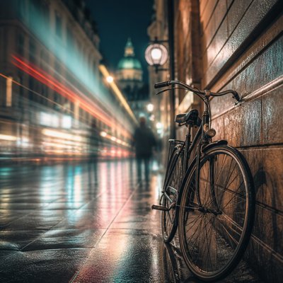 bicyle resting against a wall