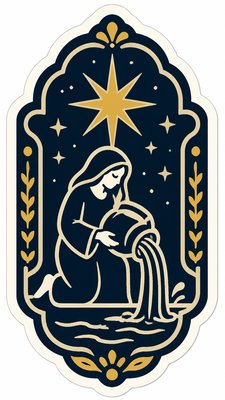 a robed figure pouring water beneath a large eight-pointed star in a night sky, symmetrical composition with an ornate decorative border, no text