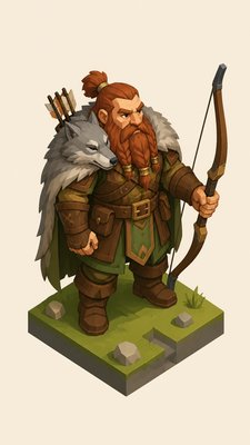 full-body original character: a dwarven ranger with a braided auburn beard, worn leather armor, a longbow and a wolf-pelt cloak, neutral background, no text