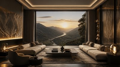 a vast valley with a river winding toward distant mountains at sunrise, no people, no text