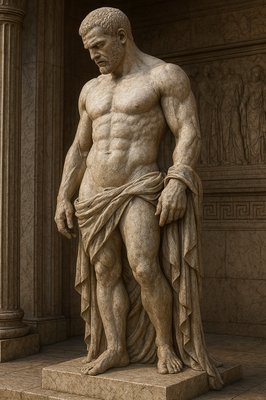 a statue of a man standing next to a pillar