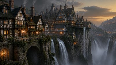 a cliffside city with waterfalls cascading into a misty canyon, wide establishing shot, no people, no text