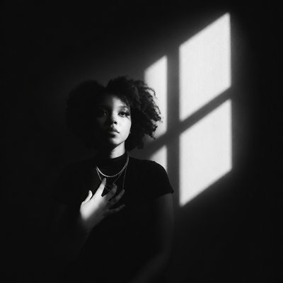 a woman standing in front of a window in a dark room