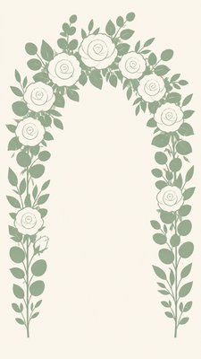 an arch of white roses and eucalyptus in soft morning light, elegant vertical composition with open space, no text