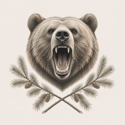 a roaring bear head above crossed pine branches, bold graphic composition on a plain background, no text