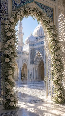 an arch of white roses and eucalyptus in soft morning light, elegant vertical composition with open space, no text