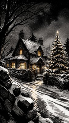 a snow-covered cottage with warm glowing windows beside a decorated pine tree, gentle snowfall, no text
