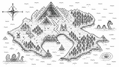 a map of an island realm with mountains, forests, a sheltered bay, sea monsters in the water and a compass rose, no text labels