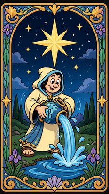 a robed figure pouring water beneath a large eight-pointed star in a night sky, symmetrical composition with an ornate decorative border, no text