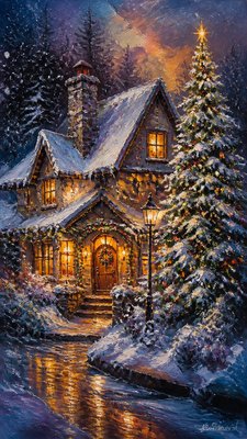 a snow-covered cottage with warm glowing windows beside a decorated pine tree, gentle snowfall, no text