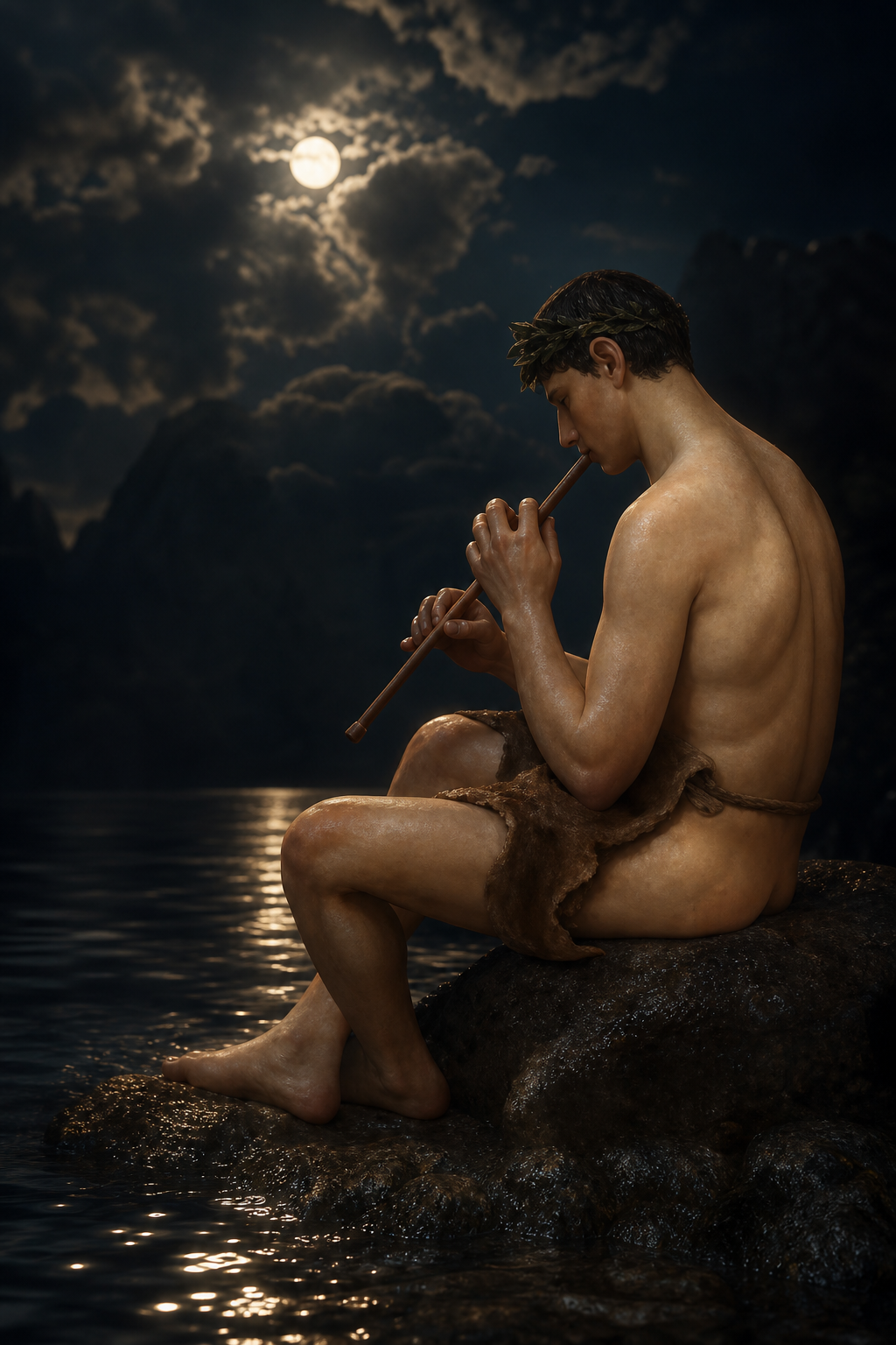 a man sitting on a rock playing a flute