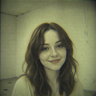 head-and-shoulders portrait of an original character: a young woman with wavy chestnut hair and a warm smile, plain soft backdrop