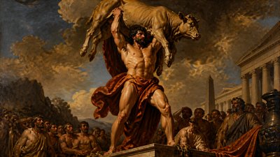 greek champion ignudi athlete Milos of Croton lifting heavy animal over his head
