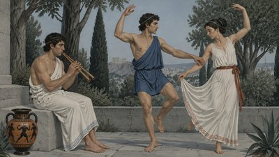 a painting of two men and a woman