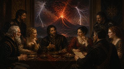 an erupting volcano with lightning strikes, dramatic wide composition, no text