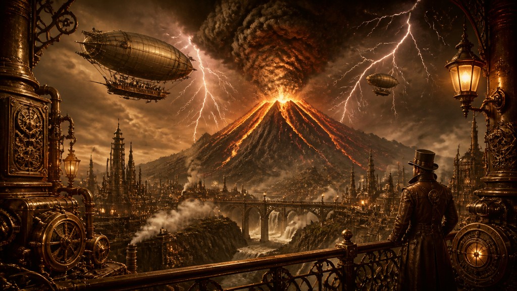an erupting volcano with lightning strikes, dramatic wide composition, no text