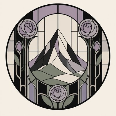 an emblem of a mountain peak inside a circle, simple bold shapes on a plain background, no text or lettering