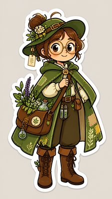 full-body original character: a wandering botanist with a satchel of plants, a patched green cloak, tall boots and round glasses, neutral background