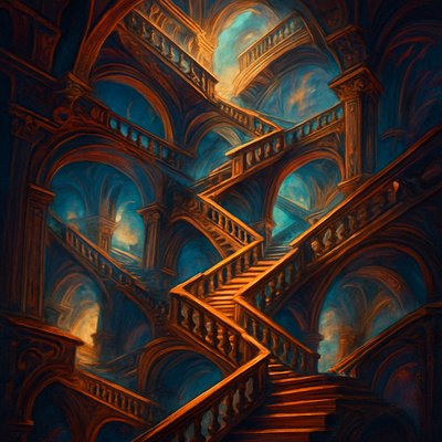 in the style of M.C. Escher, an array of endless staircases of impossible loops and bi-directional pathways, spiraling up like Jacob's ladder to heaven, Cinematic vibrant reflective neon-toned colors, black background