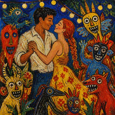 an original couple dancing under string lights in a garden at dusk: a man with short black hair in a linen shirt and a woman with braided red hair in a summer dress