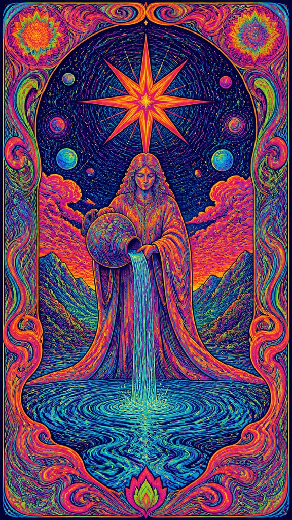 a robed figure pouring water beneath a large eight-pointed star in a night sky, symmetrical composition with an ornate decorative border, no text