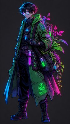 full-body original character: a wandering botanist with a satchel of plants, a patched green cloak, tall boots and round glasses, neutral background