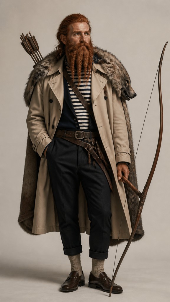 full-body original character: a dwarven ranger with a braided auburn beard, worn leather armor, a longbow and a wolf-pelt cloak, neutral background, no text
