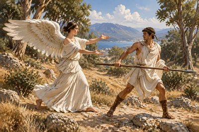 a painting of two men fighting with an angel