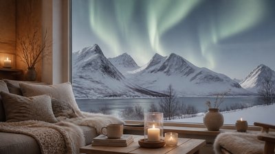 a flowing aurora over snowy peaks, wide sweeping composition, no people, no text