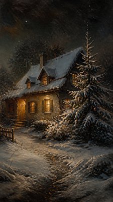 a snow-covered cottage with warm glowing windows beside a decorated pine tree, gentle snowfall, no text