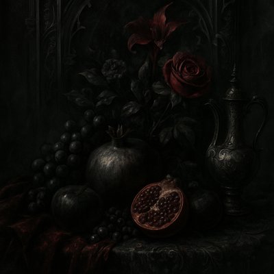 still life arrangement of fruits and flowers