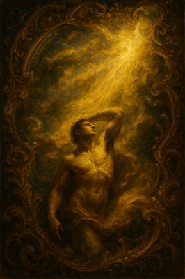 a painting of a man holding a light above his head