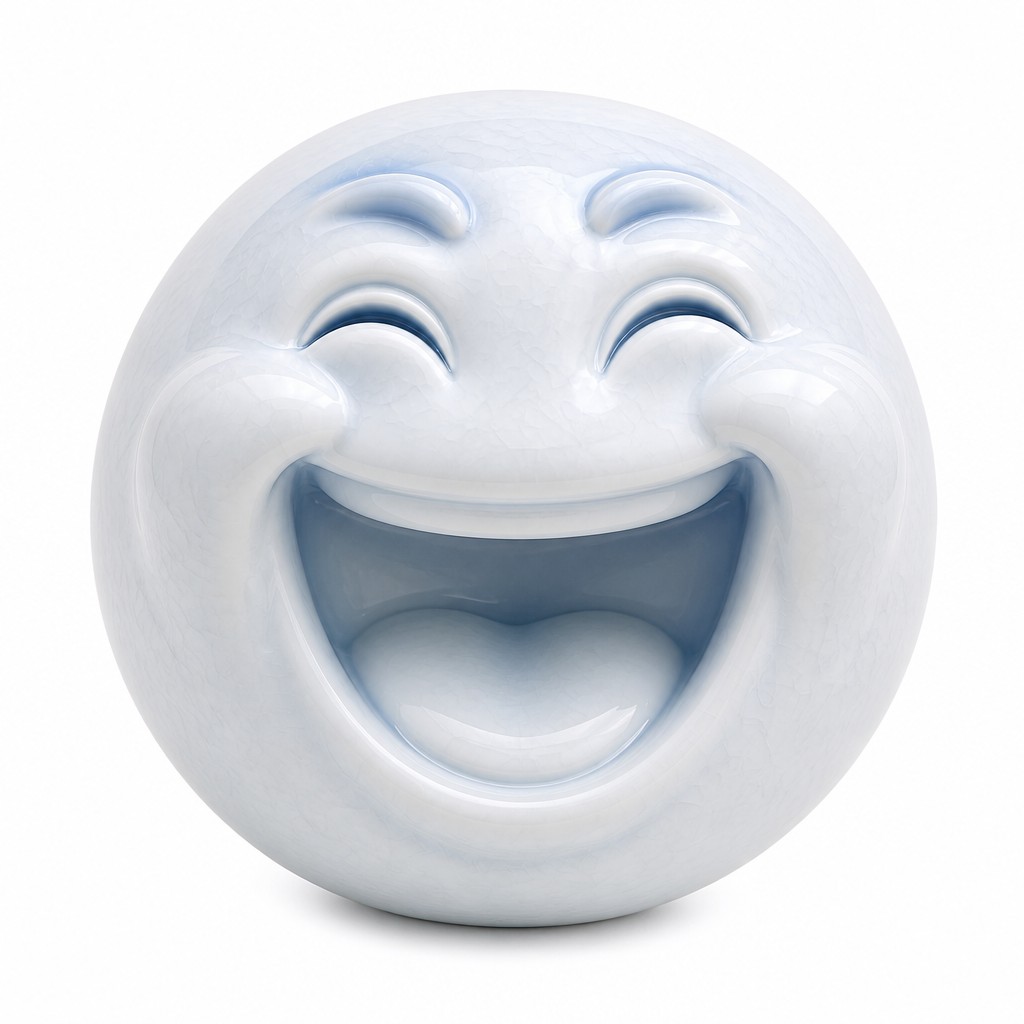 an exaggerated laughing face of an original round mascot character, bold and readable at small size, plain background, no text