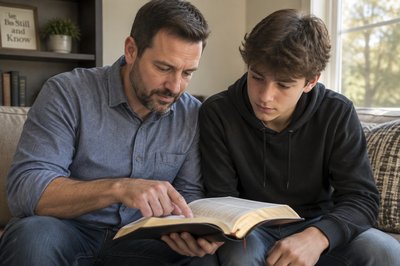 dad and his teenage son reading the Bible together
