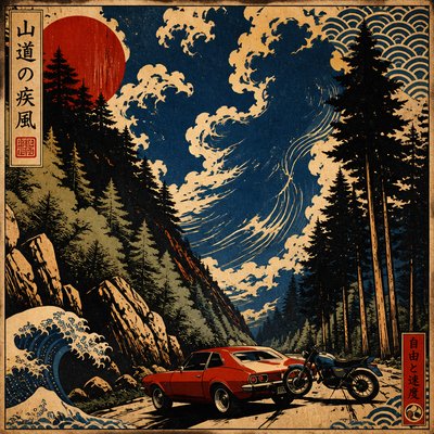 a red car driving down a road next to a forest