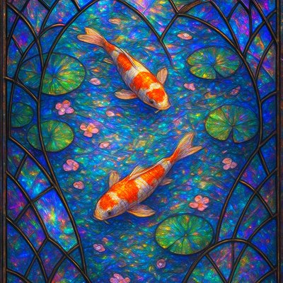 A koi pond seen from above, orange and white koi fish swimming among lily pads, clear water with subtle ripples, fallen cherry blossom petals floating on the surface, dappled sunlight