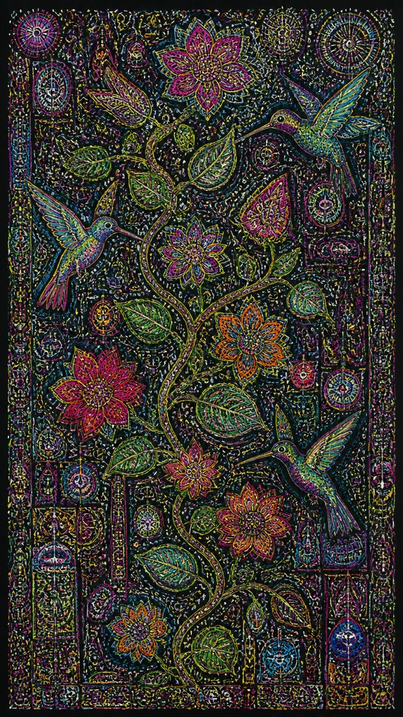 a climbing vine of flowers and hummingbirds on a dark background, tall wrapping composition, no text