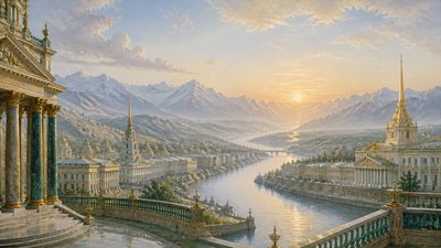 a vast valley with a river winding toward distant mountains at sunrise, no people, no text