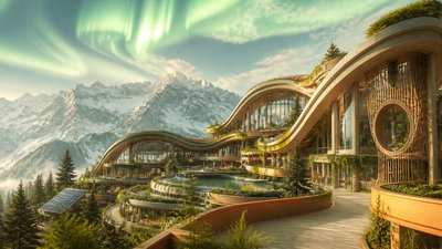a flowing aurora over snowy peaks, wide sweeping composition, no people, no text