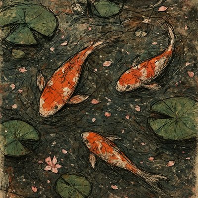 A koi pond seen from above, orange and white koi fish swimming among lily pads, clear water with subtle ripples, fallen cherry blossom petals floating on the surface, dappled sunlight